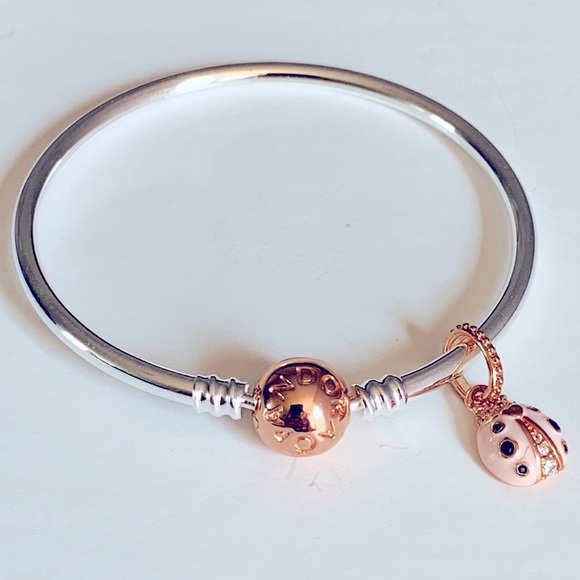 Pandora Rose Gold Bangle Bracelet & ladybug charm